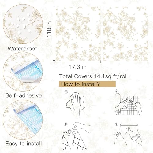 LiKiLiKi 17.3"x118" Peel and Stick Wallpaper Beige and Brown Flowers Leaves Butterfly Floral Wallpaper Self Adhesive Removable Waterproof Contact Paper for Bedroom Bathroom Cabinets Vinyl Roll