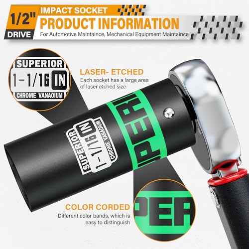 1/2" Drive Impact Socket, 1-1/16 inch Deep Socket, SAE, 6 Point, CR-V, for Car Repair, Loosen the Fastening Nut