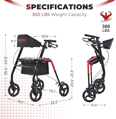 Metro Mobility Rollator Walker with Seat for Seniors, Foldable Lightweight Rolling Walker, 8" Big Wheels for All Terrain, 300 lb. Weight Capacity, Red