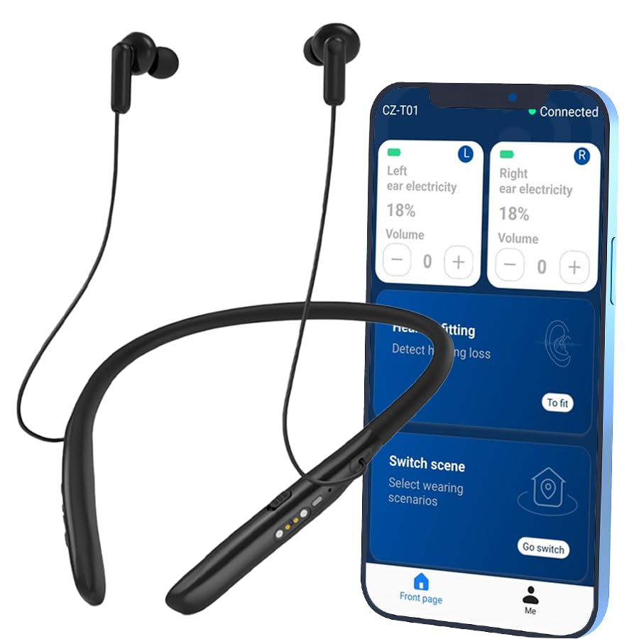 CZ-T01 Neckband Hearing Aid & Bluetooth, 50dB Gain for Moderate-Severe Hearing Loss, 34-Channel Noise Cancelling, 30H Rechargeable,preventing loss, keeping devices safe