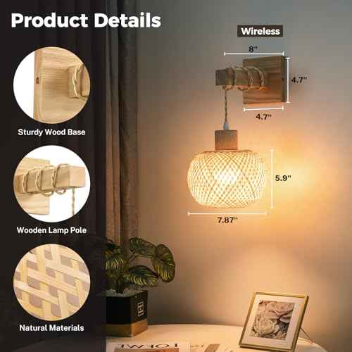 Battery Operated Wall Sconce with Remote Set of 2, Rechargeable Rattan Wall Sconces with 8000mAh Bulbs, Woven Bamboo Wall Light/Lamp Boho Wall Sconce for Bedroom