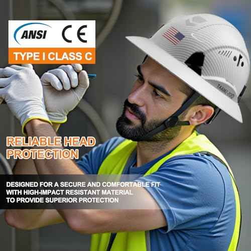 Structure Full Brim Hard Hat with Glasses and Cooling Towel Adjustable Ventilation Reflective Helmet ANSI Z89.1 Type OSHA Approved 6 Point Hanging Helmet for Industrial