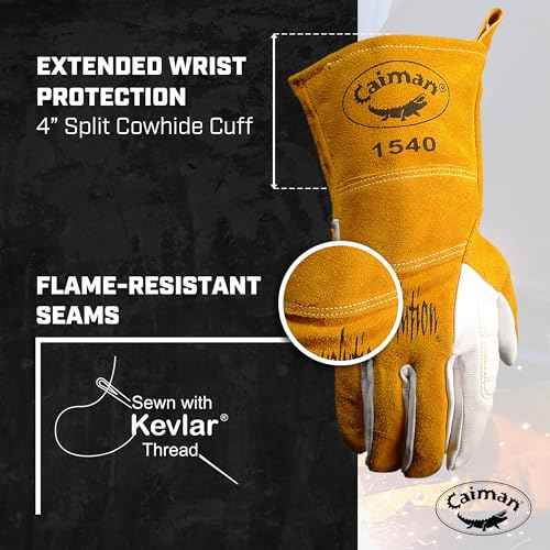Caiman Premium Goat Grain TIG/Multi-Task Welding Gloves, Split Cowhide Back, 4-Inch Extended Cuff, White/Gold, Medium (1540-4)