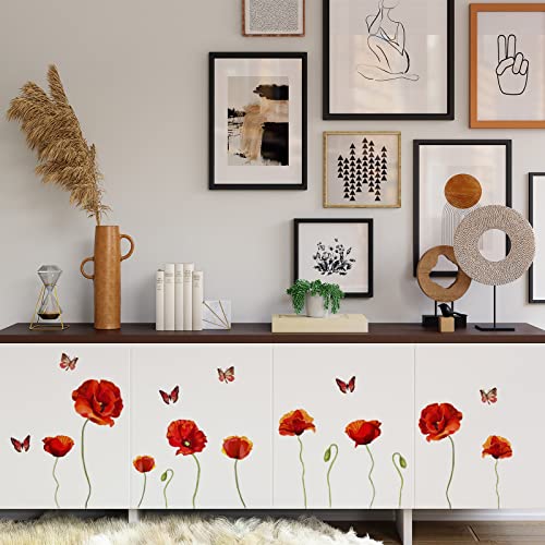 PLIGREAT Red Poppy Flowers Wall Stickers, Peel and Stick Wall Decals, Removable Vinyl Butterfly Walls Sticker for Living Room Bedroom Dining Room Home Indoor Decor DIY Art Decor