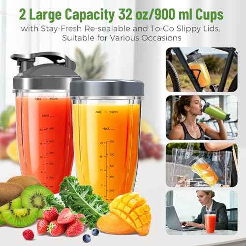8 Pieces Blender Cups & Blade Replacement Set for Nutribullet, 2 PCS 32oz Cups & Premium Extractor Blades, Flip-Top To-Go Lids & Lid Rings, Compatible with NutriBullet 600W/ 900W Blenders