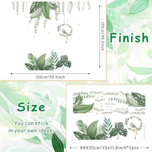 LHIUEM Green Tropical Leaves Wall Stickers Hanging Plants Green Jungle Wall Decals Parrot Wall Art Nature Hanging Vine Palm Clings for Bedroom Living Room Sofa TV Background
