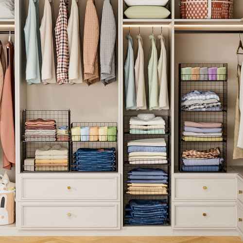 4 Tier Stackable Closet Organizers and Storage Shelves, Foldable Closet Shelf Organizer System, Stackable Storage Bins Drawers for Clothes Organizer System, Black(Patent Pending)