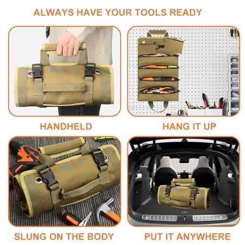 Tool Roll Up Bag, ZMyHeart Tool Organizer Bag,Tools Storage Box,11 Pouches,Grease Resistance,Tools Carrier Bag for Electrician,Mechanic,Plumber,Carpenter,Craftsman,Hobbyist,Gift for Men (Khaki)