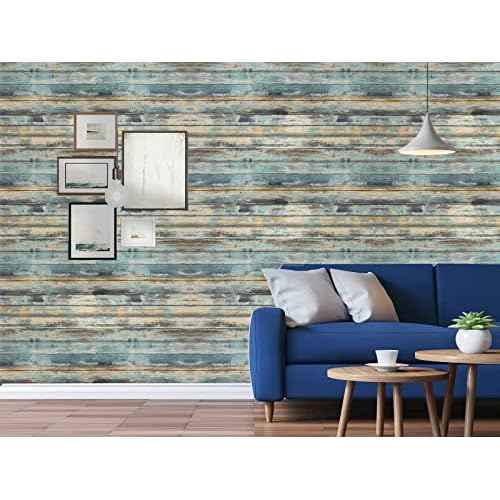 Wood Contact Paper 15.7"x118" Self-Adhesive and Removable Wood Wallpaper Peel and Stick, Blue Distressed Wood Grain Contact Paper for Cabinets Waterproof Stick on Wall Paper