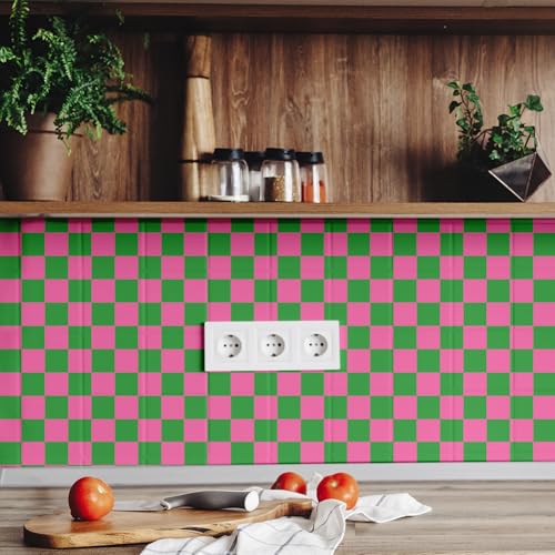 Pink Green Checkered Peel and Stick Wallpaper 70s Retro Funky Checkered Contact Paper Geometric Waterproof Wallpaper Neutral Checkerboard Decor for Bathroom Cabinet(9.8' x 15.75'')