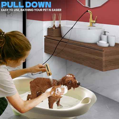Gold Bathroom Faucet with Sprayer - Brushed Gold Bathroom Faucets for Sink 1 Hole or 3 Holes, 4 Mode Single Handle Vanity Faucet Waterfall Bathroom Faucet with Pull Down Sprayer (No Drain)