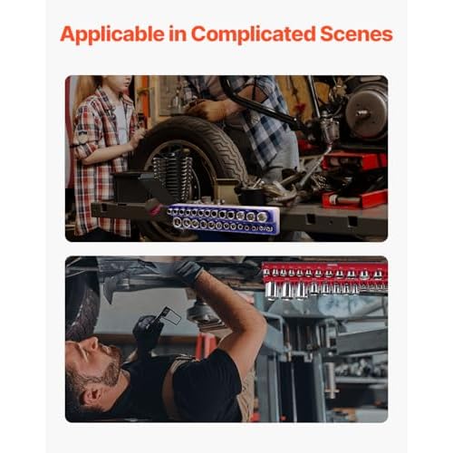 VEVOR 4PCS Magnetic Socket Holder, 1/4'' & 3/8'' Metric SAE Socket Trays with Clear Labels, Holds up to 108PCS Standard & Deep Sockets, Blue (Metric) & Red (SAE) Organizer Set