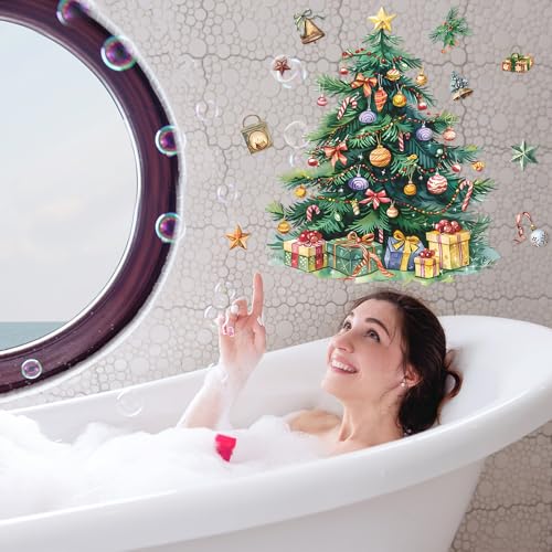 Merry Christmas Tree Wall Decal, Christmas Window Clings Wall Decals Peel and Stick, Christmas Decorations Wall Stickers for Winter Room Kitchen Bathroom Party Holiday Decor (Green)