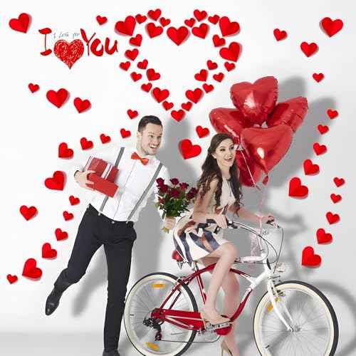 120 Pcs 3D Heart Wall Stickers Valentines Day Wall Decorations Waterproof Red Heart Walls Decals Love Hearts PVC Walls Stickers Decal for Wedding Anniversary Party Bedroom Home School Office Decor