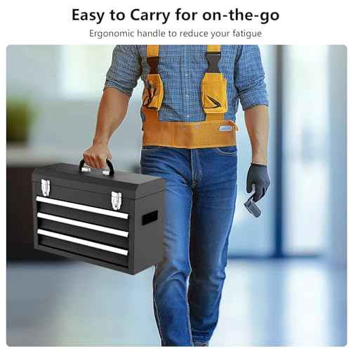 3 Drawer Metal Tool Box, Portable Metal Tool Box with EVC Liners and Latches Closure, Heavy Duty Steel Tool Chest with Ball Bearing Opening and Powder Coated Finish, Black