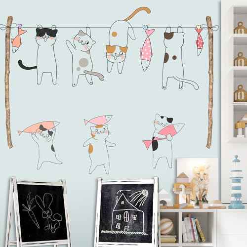 Removable Cartoon Animal Cats Wall Stickers Laundry Room Cats Clothes Hanger Fish Wall Decals Stickers for Girls Bedroom Decal Kids Nursery Sticker Bathroom Wall Art Decoration