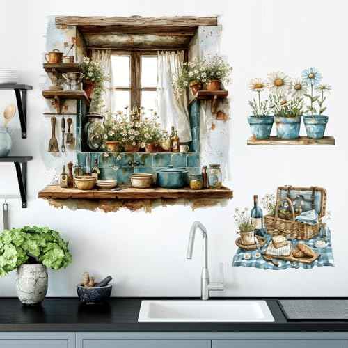 3D Fake Window Wall Stickers Green Plant Potted Wall Decals Daisy Green Leaf Wall Art Natural Scenery Wildflower Blossom Vinyl Removable Wall Mural for Kids Bedroom Kitchen Home Decoration 026