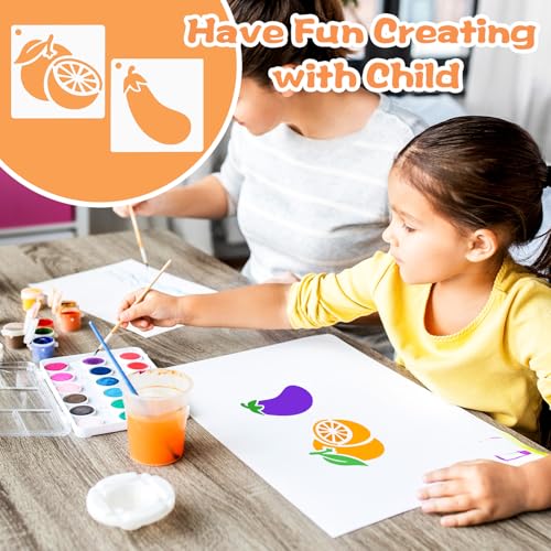 64Pcs Fruit Stencils for Painting, Reusable Vegetable Stencils Crafts Drawing Templates, Art Painting on Wood Wall Canvas,Fru & Veg Plastic Stencil for DIY Fabric Rock Home Decor (3 X 3 Inch)
