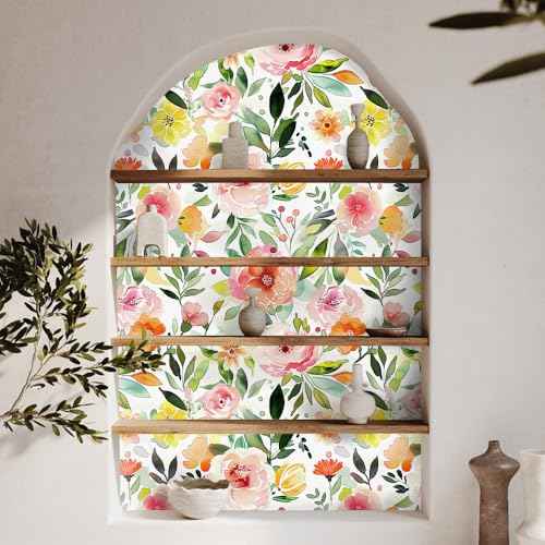 Colourful Ink Floral Wallpaper,17.71"x118.1" Peel and Stick Wallpaper Self-Adhesive Contact Paper for Living Room Bedroom Washroom Cabinet Wall