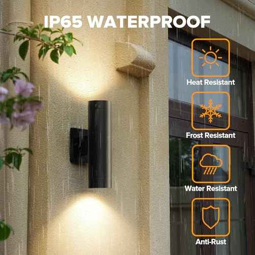 LUTEC Outdoor Wall Light Fixtures, Integrated LED Cylinder Up-Down Sconce, 16W 3000K Waterproof Aluminum Exterior Lighting, Modern Matte Black Wall Sconce Outdoor Lighting for Porch, Entryway, 2 Pack