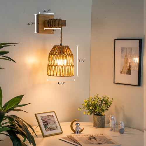 Wall Sconces Set of Two Battery Operated, Rattan Boho Wall Sconce, Rechargeable Woven Lantern Wireless Light/Lamp for Bedroom Home Decor