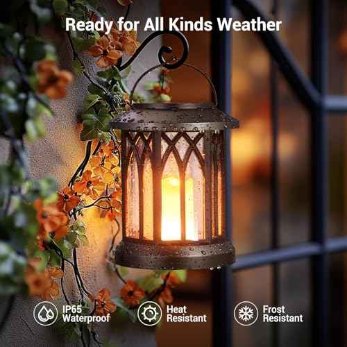 KOOPER 4 Pack Solar Lantern Outdoor Lights, Hanging Solar Lanterns Outdoor Waterproof, Lanterns Decorative Outdoor LED Flickering Flameless Candle Mission Lights for Yard Table Garden (Black)