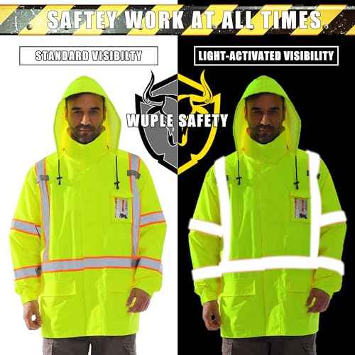 Men's Hi Vis Rain Jacket & Safety Rain Coat Waterproof Lightweight with Hood, Class 3 Reflective Adult Yellow Work Rain Jacket (L/XL)