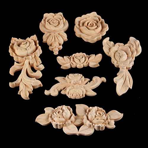 MUXSAM Rose Wood Carved Appliques Onlay, 2-Pack Unpainted Wooden Mini Decals for Cupboard Cabinet Wall Dresser Bed Mirror Mantels Fireplace Wardrobe Decor(15x6.5cm/5.91x2.56in)