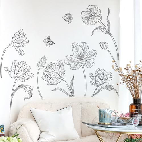Creative 3D Black Flower Wall Decals Boho 8 Tulip Flowers Wall Stickers DIY Peel and Stick Sketch Simple Line Garden Floral Plants Wall Decor for Kids Girls Bedroom Living Room Nursery Decoration