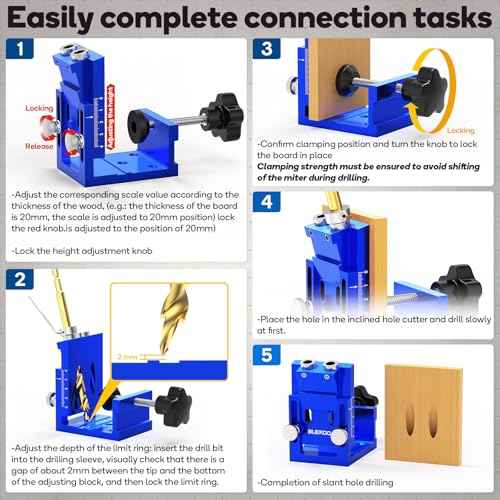 Pocket Hole Jig Kit, Pocket Hole Jig System for 15¡Æ Angled Holes, Woodworking Jig Drill Guide for Precise Dowel Joints, All-Metal Pocket Screw Jig