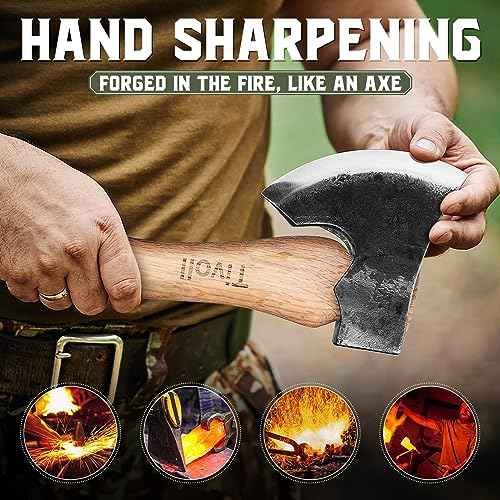 Tivoli 9-inch Small Hatchet Axe for Camping, Small Wood Hatchet Hand Axe, Hand Forged Carbon Steel Short Camp Axe for Chopping Wood, Ash Wood Handle, Retro Sheath