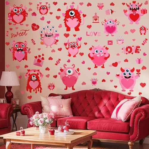 Haull 89 Pcs Valentine's Day Wall Decals Monster Stickers Valentines Day Window Clings Valentine Heart Wall Decoration for Wedding Anniversary Living Room Bedroom Decoration, 6 Sheets