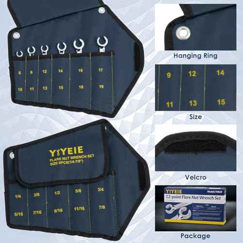 12-Point Flare Nut Wrench Set Metric & SAE, 8mm-19mm & 1/4"-7/8", 11PCS Offset Line Wrench Set for Brake, Fuel and Tubing, CR-V Steel, Double Open End with Organizer Pouch for Removing Nuts