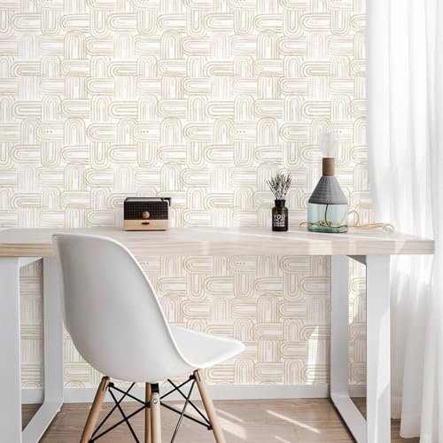 Beige Peel and Stick Wallpaper Boho Contact Paper 17.3"x120" Modern Geometric Abstract Wall Paper Removable Self Adhesive Wallpaper for Bedroom Bathroom Cabinet Decor Vinyl