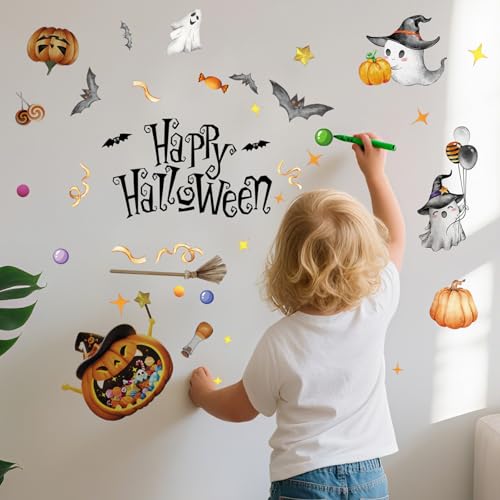 39Pcs Halloween Wall Stickers Cute Ghost Pumpkin Wall Decals Watercolor Peel and Stick Vinyl Decals Self-Adhesive Halloween Window Clings for Party Supplies Gift