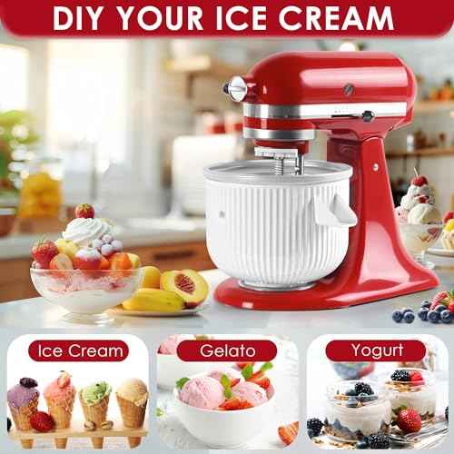 Ice Cream Maker Attachment for KitchenAid Mixers, Fits KitchenAid 4.5/5QT & 6QT Stand Mixers, Frozen Ice Cream & Sorbet Gelato Maker for KitchenAid, 2 Quart, White(Machine/Mixer Not Included)