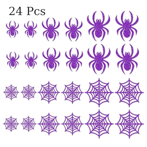 24Pcs Halloween Decorations 3D Spider Scary Wall Decor Stickers Purple Glitter Spider Web Window Decals Spooky Halloween Party Decorations for Indoor Home Room Wall Decoration