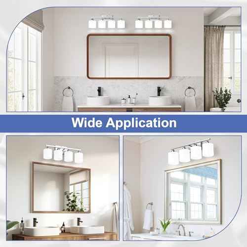 Bathroom Lighting Fixtures Over Mirror, Anti-Rust Vanity Light Fixture for Bathroom, Modern 4-Light Wall Sconce Light for Living Room, E26 Base, Milky White Glass Shades, Bulbs Not Included