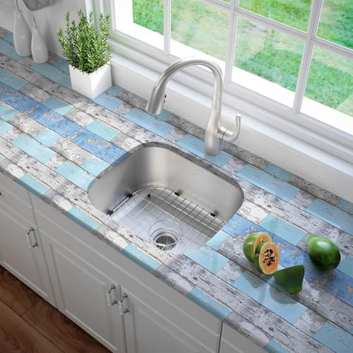 Caltero Wood Plank Wallpaper 17.7" ¡¿ 118" Blue Distressed Wood Wallpaper Peel and Stick Wood Grain Contact Paper Vintage for Furniture Bedroom Countertop Cabinet