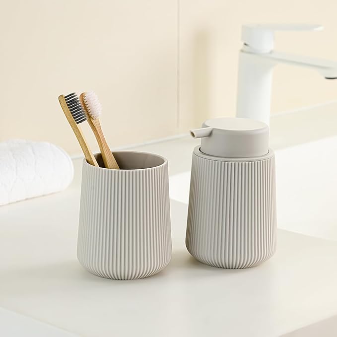 YAUKPH Beige Striped Toothbrush Holder for Electric Toothbrushes Bathroom Organizer Cup for Toothpaste Kids & Adults