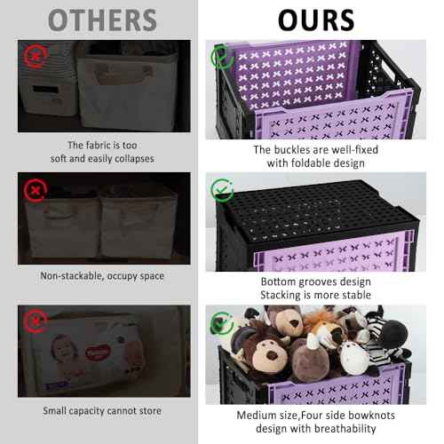 Stackable Plastic Closet Storage Basket, 2 Pack Foldable Closet Organizers and Storage Bins, Decorative Basket for Closet, Shelves, Laundry, Wardrobe Organizing (Purple Black)