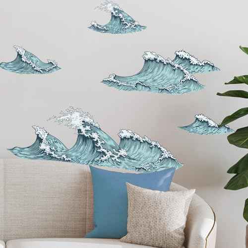 PLIGREAT 6 Pcs Blue Ocean Sea Waves Wall Stickers, Removable Vinyl Peel and Stick Wall Decals for Bathroom Nusery Bedroom Playroom Wall Decoration Home Indoor DIY Wall Art Decor Bathtub Decals