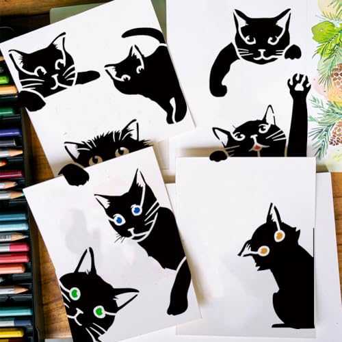 FINGERINSPIRE 5 PCS Peeking Cat Painting Stencil with 1 Pc Paint Brush Reusable 5 Styles Cat Pattern Painting Stencil Animal Cat Stencil for Painting on Wood Floor Wall Furniture DIY Home Decor
