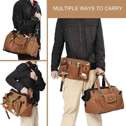 14 Inch Heavy Duty Tool Bag,22-Pocket Wide Mouth Soft Tool Box Organizer,Detachable Tool Belt Pouch with Adjustable Shoulder Strap and Waist Belt,Multifunction Carrying Toolbag for Men/Women