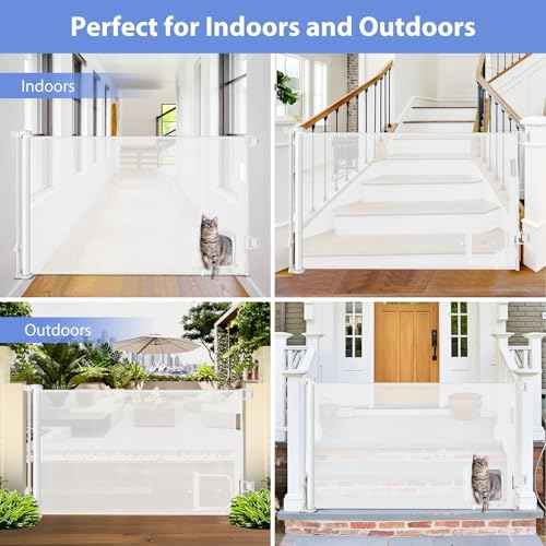 Retractable Baby Gates with Cat Door 80" Wide Retractable Dog Gate with Pet Door Outdoor Retractable Gate for Dogs Retractable Pet Gate with Door Mesh Baby Gate Retractable Mesh Dog Gate (White)