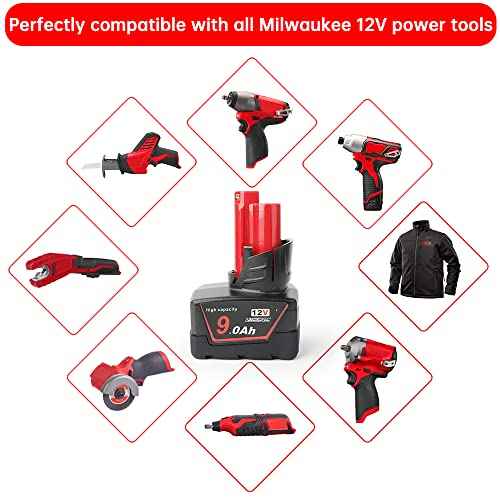 2Pces 12V 9Ah Battery Replacement Compatible for Milwaukee 48-11-0490, 48-11-2402, 48-11-2411, 48-11-2430, Cordless Power Tools & Heated Jackets with LED Indicator£¨Not Made in Milwaukee£©