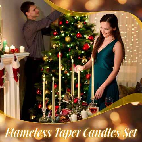 48 Pcs Flameless LED Taper Candles Battery Operated Candles 4 Sizes of 8.5'', 9.65'', 10.83'', 12.8'' Flameless Candlesticks Flickering for Halloween Christmas Church Wedding(Golden)