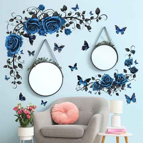 Removable Blue Floral Rose Wall Decor 3D Peel and Stick Flower Vine Black Plants Vines Leaf Wall Stickers Flying Butterfly Wall Decals for Kids Girls Baby Bedroom Nursery Living Room (Blue)