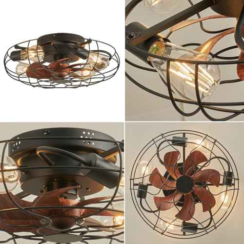 Small Caged Ceiling Fan with Light, Farmhouse Rustic Flush Mount Ceiling Fans with Lights and Remote, Bladeless Low Profile Enclosed Ceiling Fan with Light for Kitchen, Bedroom, Black