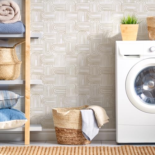 Boho Peel and Stick Wallpaper Light Beige and White Contact Paper Geometric Wall Paper 17.3" x 120" Self Adhesive Vinyl Removable Wallpaper for Cabinets Bedroom